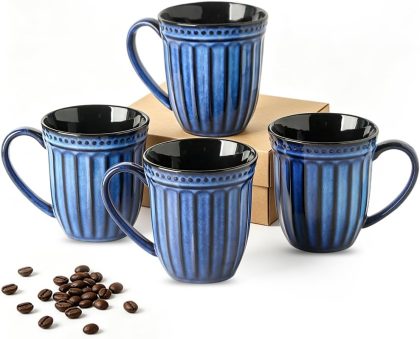 16 Oz Embossed Vertical Fluted Ceramic Coffee Cups